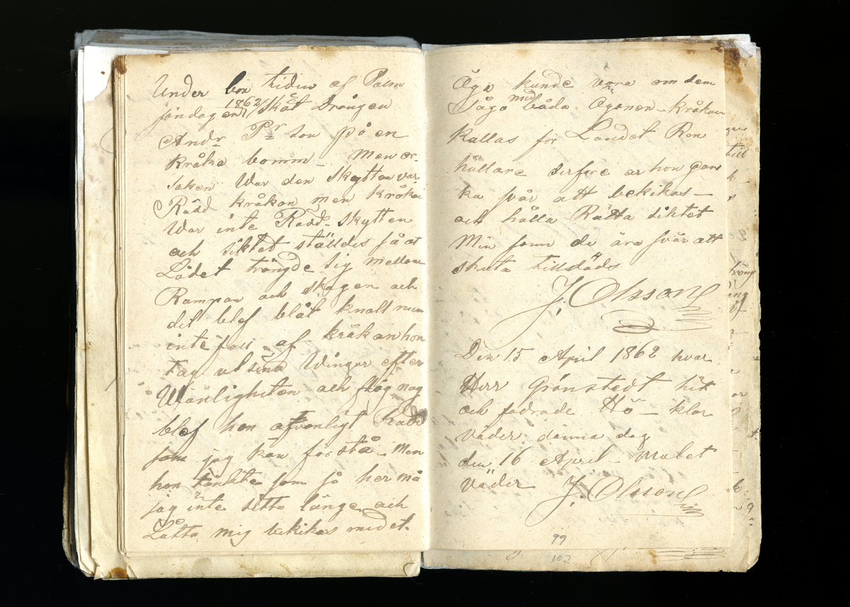 Dagböcker och andra anteckningar förda av storbonden och bössmeden Jonas Olsson (1832-1895) i Fågelsjö, Los mellan åren 1851 och 1892. Dagböckerna berör vardagens arbete, händelser i familjen och byn, förtretligheter, glädjeämnen och sorg. Böckerna förda i varierande frekvens med både dagliga och strödda anteckningar. Hela luckor år 1862-63, 1870-78, 1880-83 samt 1885-56. Dagboken förd i böcker med blandat innehåll, där dagboksanteckningarna är instoppade. Jonas Olssons dagboksanteckningar finns även transkriberade och publicerade i boken "Min hand är icke begåfvad att föra en skikliger penna", 2009.
