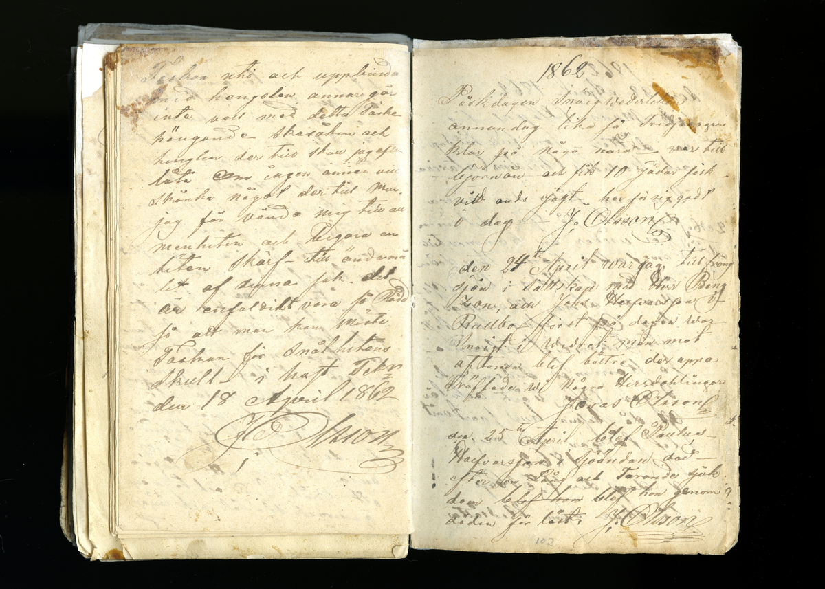 Dagböcker och andra anteckningar förda av storbonden och bössmeden Jonas Olsson (1832-1895) i Fågelsjö, Los mellan åren 1851 och 1892. Dagböckerna berör vardagens arbete, händelser i familjen och byn, förtretligheter, glädjeämnen och sorg. Böckerna förda i varierande frekvens med både dagliga och strödda anteckningar. Hela luckor år 1862-63, 1870-78, 1880-83 samt 1885-56. Dagboken förd i böcker med blandat innehåll, där dagboksanteckningarna är instoppade. Jonas Olssons dagboksanteckningar finns även transkriberade och publicerade i boken "Min hand är icke begåfvad att föra en skikliger penna", 2009.
