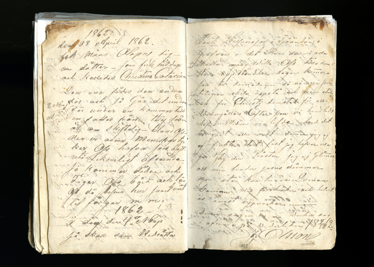 Dagböcker och andra anteckningar förda av storbonden och bössmeden Jonas Olsson (1832-1895) i Fågelsjö, Los mellan åren 1851 och 1892. Dagböckerna berör vardagens arbete, händelser i familjen och byn, förtretligheter, glädjeämnen och sorg. Böckerna förda i varierande frekvens med både dagliga och strödda anteckningar. Hela luckor år 1862-63, 1870-78, 1880-83 samt 1885-56. Dagboken förd i böcker med blandat innehåll, där dagboksanteckningarna är instoppade. Jonas Olssons dagboksanteckningar finns även transkriberade och publicerade i boken "Min hand är icke begåfvad att föra en skikliger penna", 2009.
