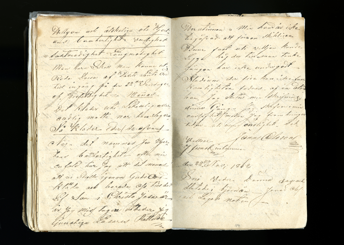 Dagböcker och andra anteckningar förda av storbonden och bössmeden Jonas Olsson (1832-1895) i Fågelsjö, Los mellan åren 1851 och 1892. Dagböckerna berör vardagens arbete, händelser i familjen och byn, förtretligheter, glädjeämnen och sorg. Böckerna förda i varierande frekvens med både dagliga och strödda anteckningar. Hela luckor år 1862-63, 1870-78, 1880-83 samt 1885-56. Dagboken förd i böcker med blandat innehåll, där dagboksanteckningarna är instoppade. Jonas Olssons dagboksanteckningar finns även transkriberade och publicerade i boken "Min hand är icke begåfvad att föra en skikliger penna", 2009.
