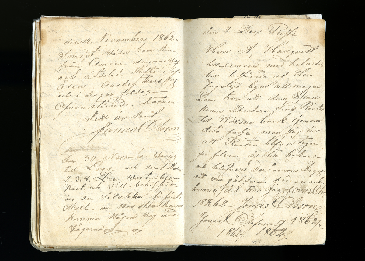 Dagböcker och andra anteckningar förda av storbonden och bössmeden Jonas Olsson (1832-1895) i Fågelsjö, Los mellan åren 1851 och 1892. Dagböckerna berör vardagens arbete, händelser i familjen och byn, förtretligheter, glädjeämnen och sorg. Böckerna förda i varierande frekvens med både dagliga och strödda anteckningar. Hela luckor år 1862-63, 1870-78, 1880-83 samt 1885-56. Dagboken förd i böcker med blandat innehåll, där dagboksanteckningarna är instoppade. Jonas Olssons dagboksanteckningar finns även transkriberade och publicerade i boken "Min hand är icke begåfvad att föra en skikliger penna", 2009.
