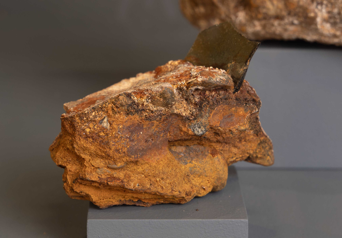 Korrosjonsklump med  glasskår funnet ved skipet AKERENDAM som forliste på Runde i 1725.