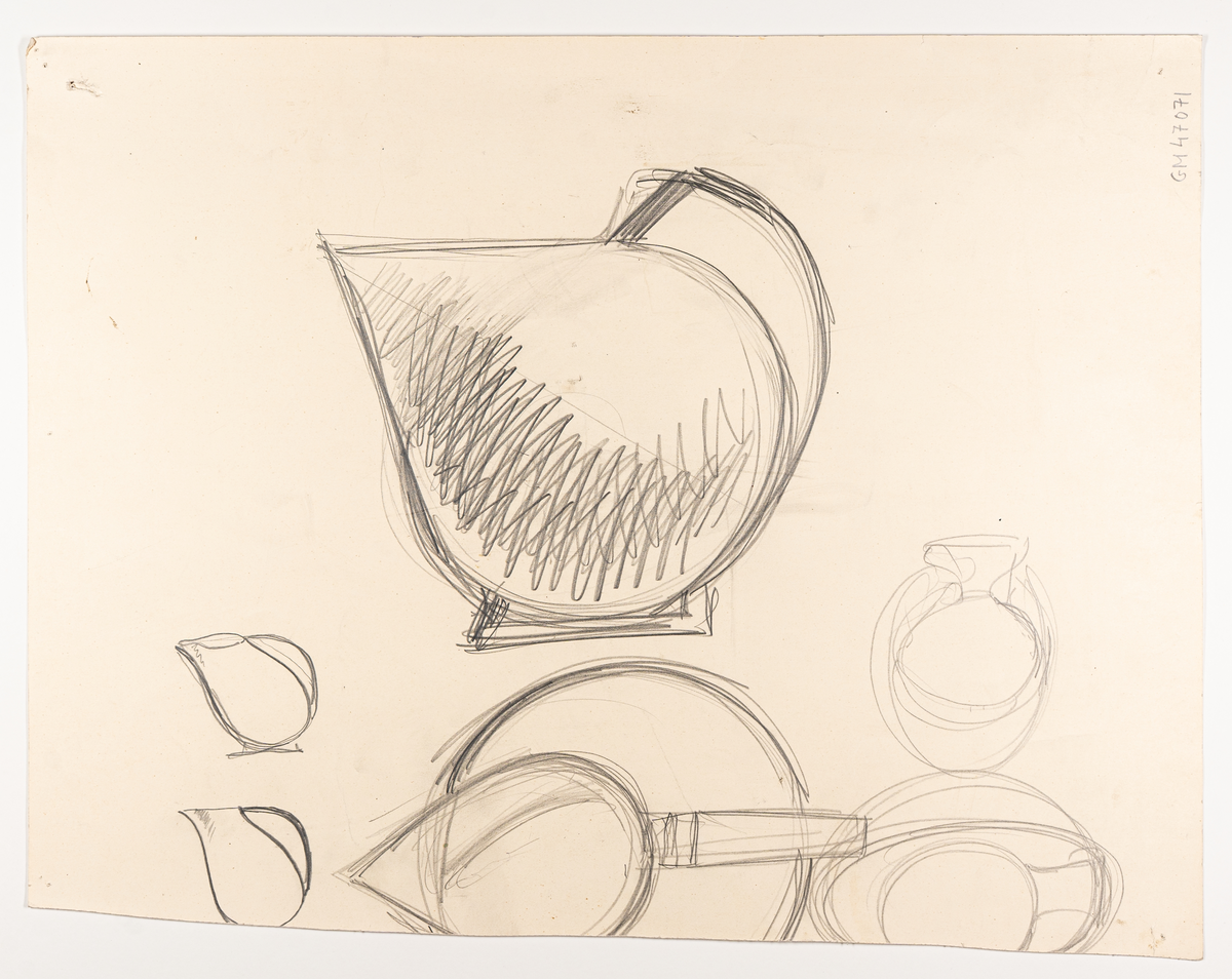 Skiss på papper till kanna, modell D.95. Kannan i profil och ovanifrån. I blyerts, tusch och akvarell. På baksidan skisser i blyerts.
Utförd av Ewald Dahlskog 1933.
Signerad 5.12.33 E Dahlskog.