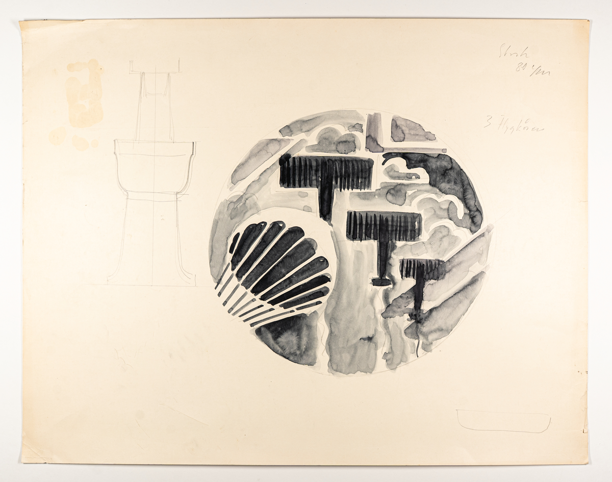 Skiss på papper till fat med tre flygplan, modell D.52.
I blyerts, tusch och akvarell.
Utförd av Ewald Dahlskog.
Osignerad samt otydlig text.