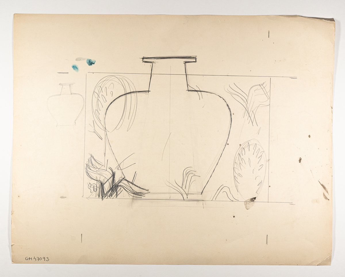 Skiss på papper till fat med tre flygplan, modell D.52.
I blyerts, tusch och akvarell.
Utförd av Ewald Dahlskog.
Osignerad samt otydlig text.