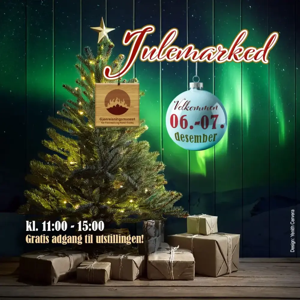 Plakat med bilde av et juletre og pynt