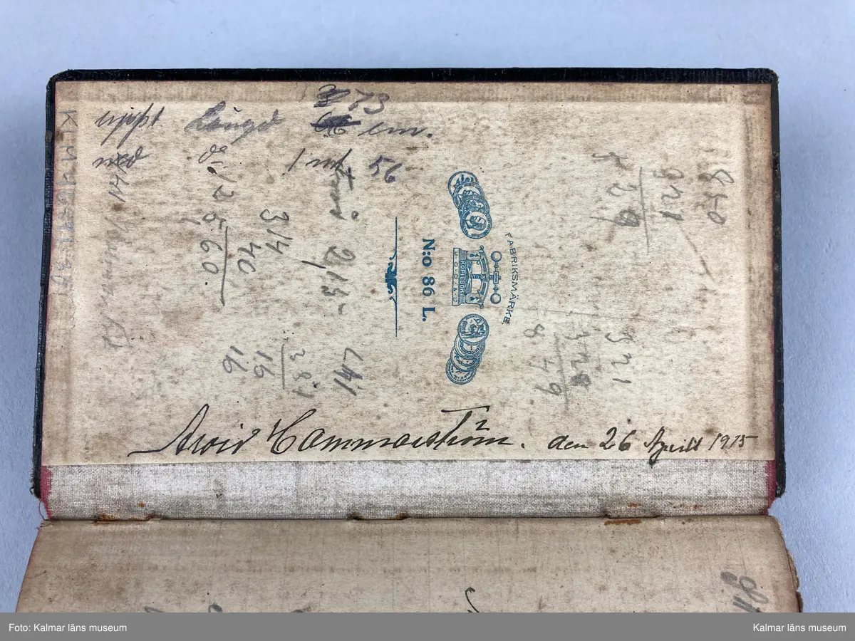 KLM 46891:30. Anteckningsbok. Av papper med omslag av läderklädd kartong. I pärmen signerad: Arvid Hammarström Stockholm den 26 april 1915. Boken innehåller olika anteckningar, skisser och noteringar kring hans yrke som kopparslagare.