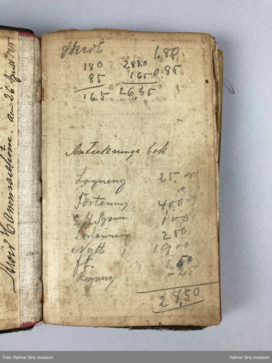 KLM 46891:30. Anteckningsbok. Av papper med omslag av läderklädd kartong. I pärmen signerad: Arvid Hammarström Stockholm den 26 april 1915. Boken innehåller olika anteckningar, skisser och noteringar kring hans yrke som kopparslagare.