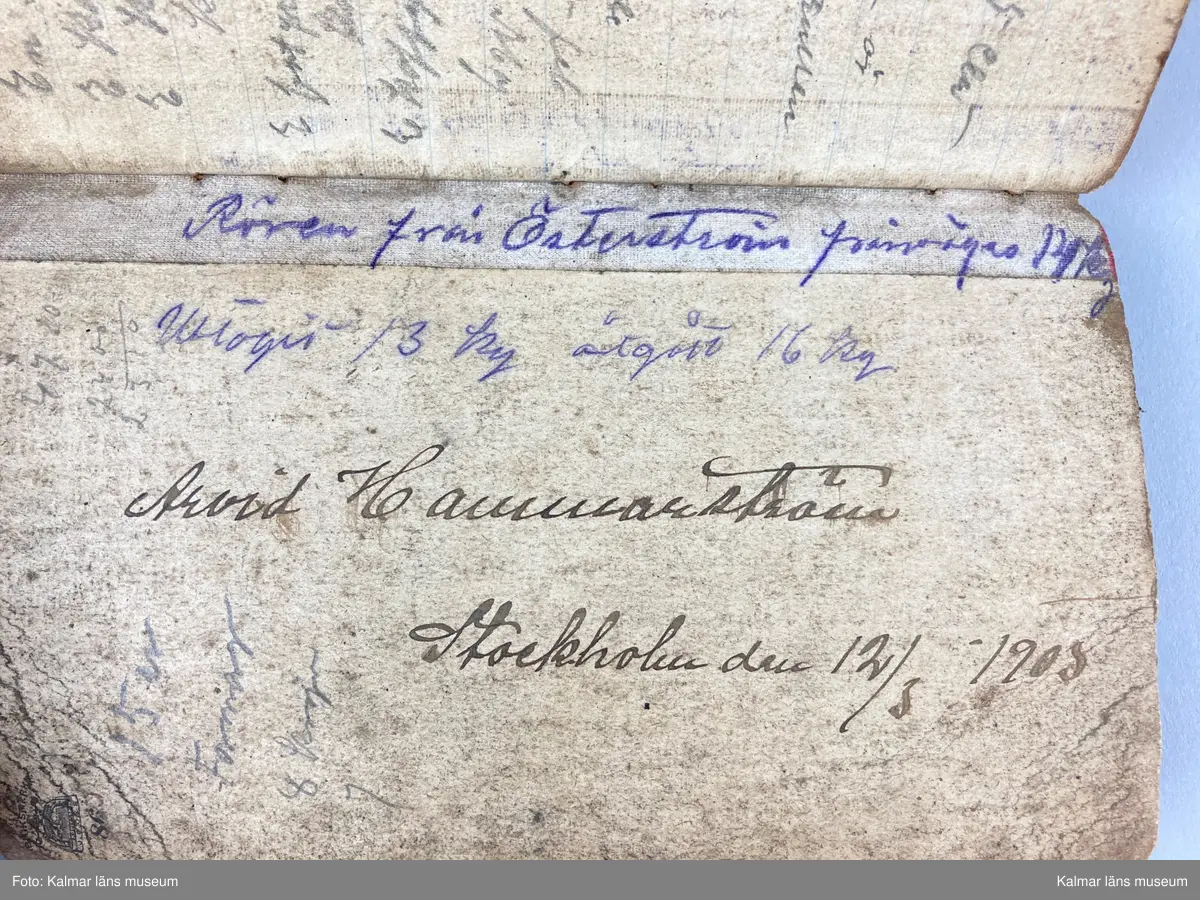 KLM 46891:29. Anteckningsbok. Av papper med omslag av läderklädd kartong. I pärmen signerad: Arvid Hammarström Stockholm den 12/5 1908. Boken innehåller olika anteckningar, skisser och noteringar kring hans yrke som kopparslagare.