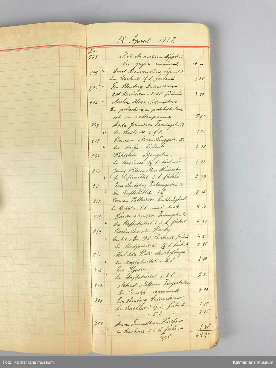 KLM 46891:28. Kundliggare. Av kartong och papper. För åren 1937-1941 samt 1958-1959. I boken anges kund samt vilka varor som denne köpte.