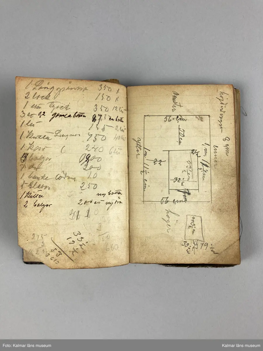 KLM 46891:30. Anteckningsbok. Av papper med omslag av läderklädd kartong. I pärmen signerad: Arvid Hammarström Stockholm den 26 april 1915. Boken innehåller olika anteckningar, skisser och noteringar kring hans yrke som kopparslagare.