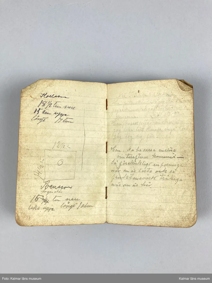 KLM 46891:29. Anteckningsbok. Av papper med omslag av läderklädd kartong. I pärmen signerad: Arvid Hammarström Stockholm den 12/5 1908. Boken innehåller olika anteckningar, skisser och noteringar kring hans yrke som kopparslagare.