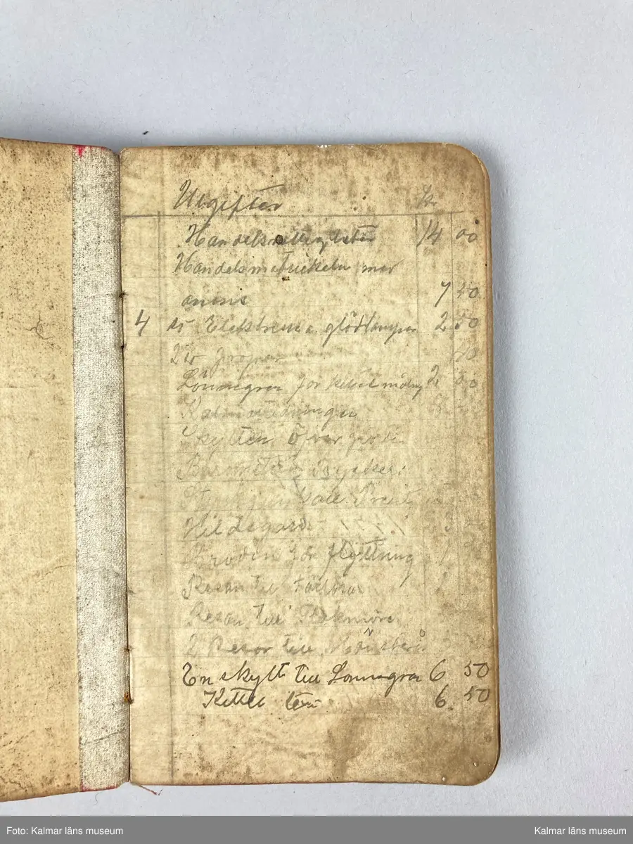 KLM 46891:31. Anteckningsbok. Av papper med omslag av läderklädd kartong. Boken innehåller olika anteckningar, skisser och noteringar kring Arvid Hammarströms yrke som kopparslagare.