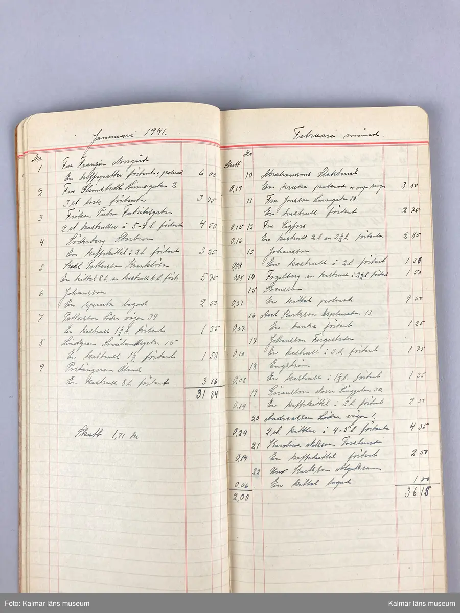 KLM 46891:28. Kundliggare. Av kartong och papper. För åren 1937-1941 samt 1958-1959. I boken anges kund samt vilka varor som denne köpte.