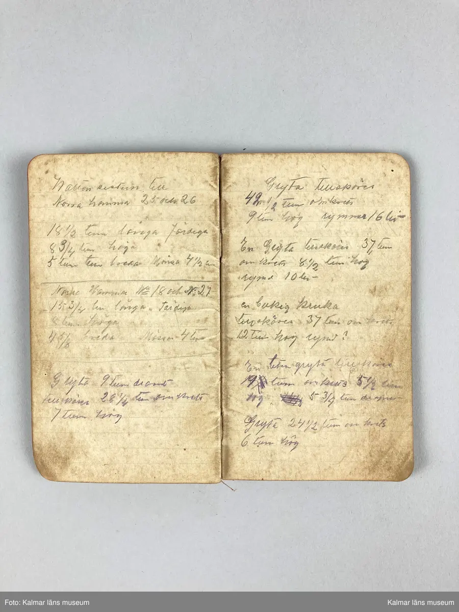 KLM 46891:31. Anteckningsbok. Av papper med omslag av läderklädd kartong. Boken innehåller olika anteckningar, skisser och noteringar kring Arvid Hammarströms yrke som kopparslagare.