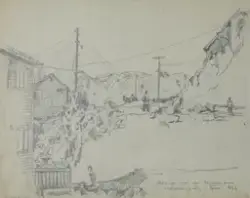 Utsigt fra en tegnestue i Honningsvåg. Juni 1952 [Tegning]