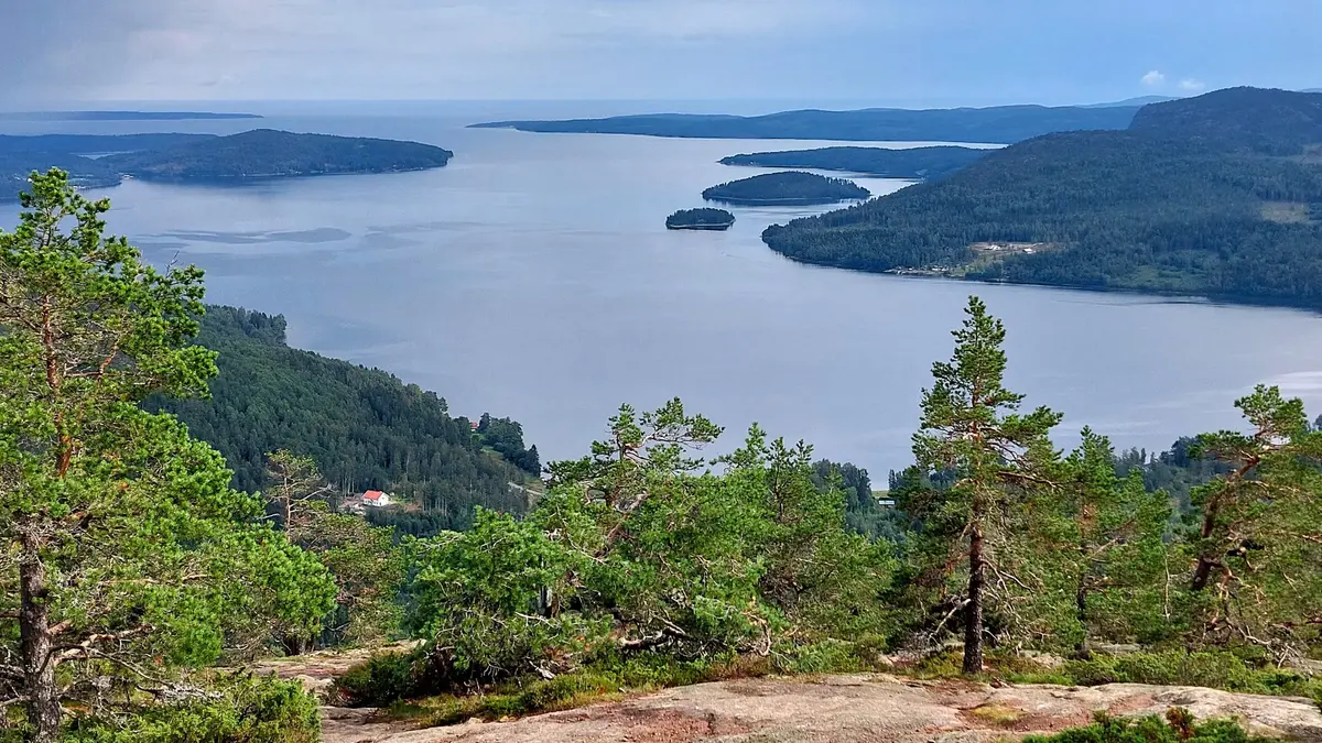 Utsikt från ett berg över ett vattendrag med öar och holmar.