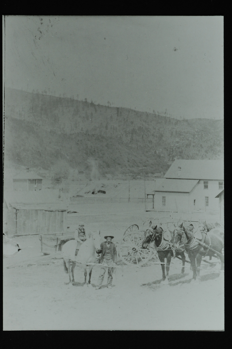 En gård med lys, to-etasjes hovedbygning, stor låve og flere uthus. I forgrunn to vogner med tilsammen fem hester foran. Til venstre en mann som leier en hest med et barn på. I bakgrunn en åsrygg med spredte trær. 