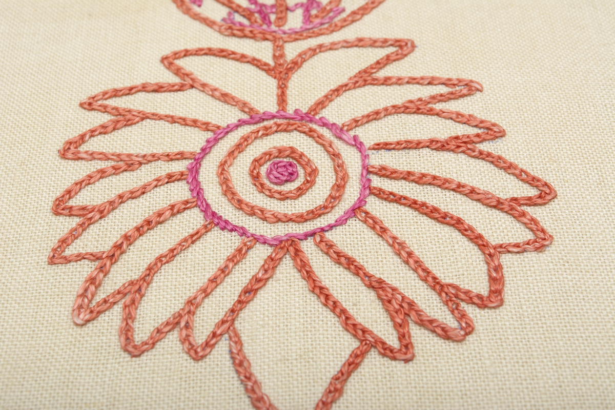 Smal och hög bonad på halvblekt linneväv, broderad i kedjesöm och stjälkstygn med tvåtrådigt lingarn i starkt rosa och en rosa-orange färg. Blommor på höjden och en fågel, motivet upprepas.