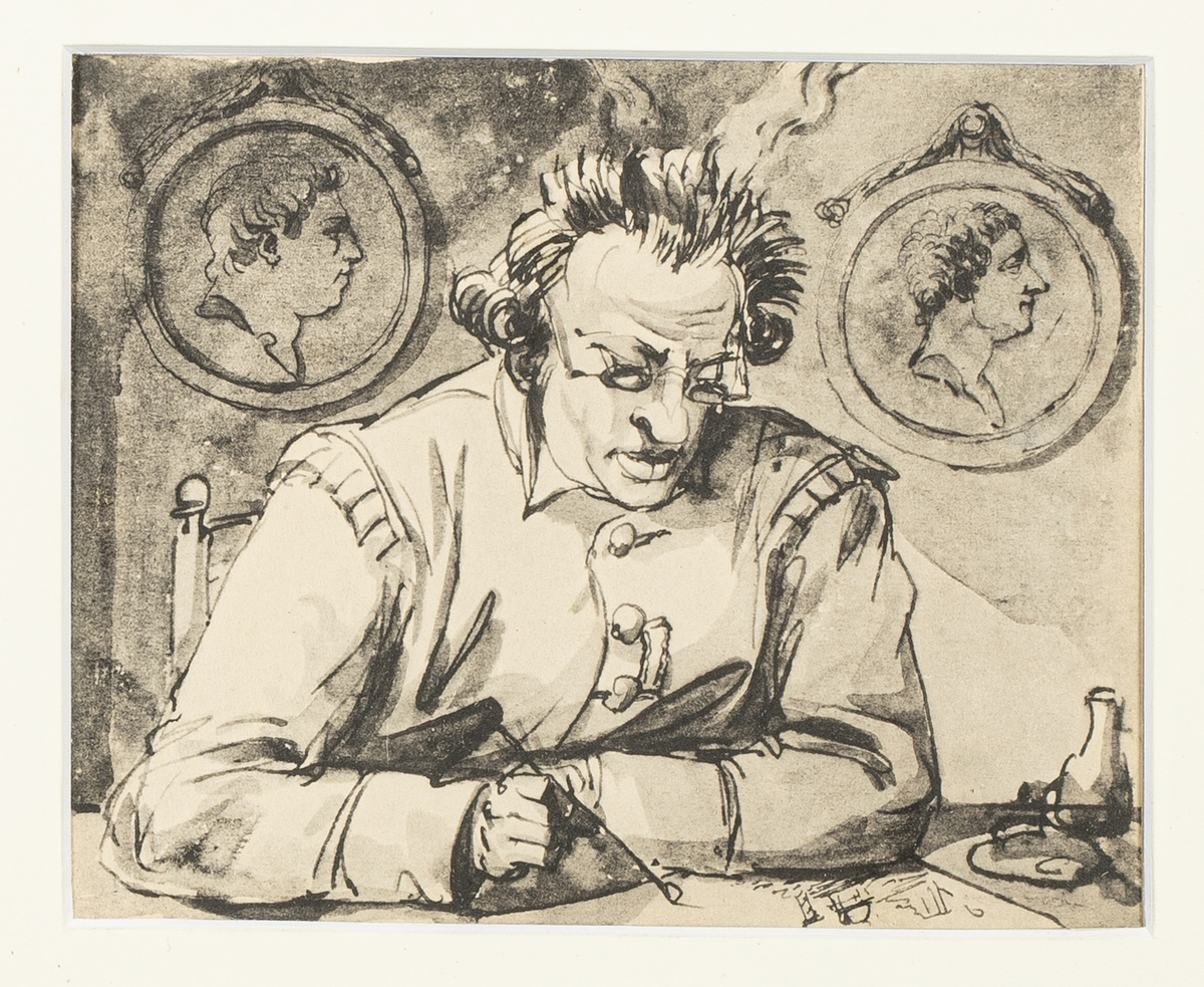 Litografi av pennteckning i bläck. Föreställer amiralen och greven Carl August Ehrenswärd, sittande vid ett bord, sysselsatt med teckning, iförd svenska dräkten samt ordensband inträtt mellan två knappar.