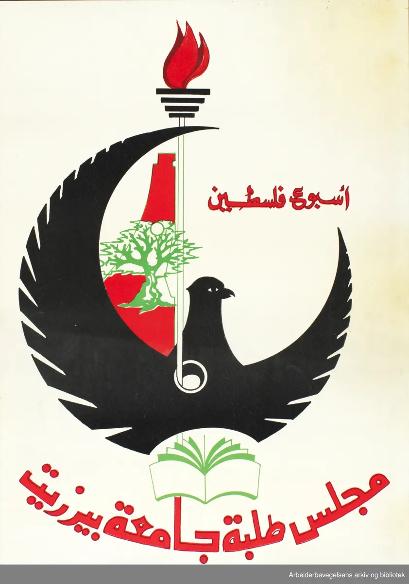 Plakat: "Palestine week" utgitt av Student Congress of Birzeit University ca 1980 - Plakater fra kunstneren Ayman Alazraq sin samling av funnet privatarkiv som omhandler Palestina. Digitalisert av Arbark i samarbeid med Arkivarer uten grenser med støtte fra Unesco. Format 50x35,5 cm  .
