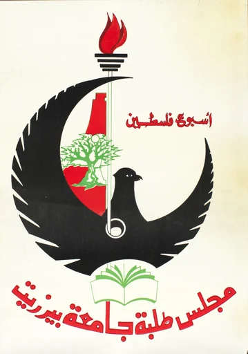 Plakat: "Palestine week" utgitt av Student Congress of Birzeit University ca 1980 - Plakater fra kunstneren Ayman Alazraq sin samling av funnet privatarkiv som omhandler Palestina. Digitalisert av Arbark i samarbeid med Arkivarer uten grenser med støtte fra Unesco. Format 50x35,5 cm  .