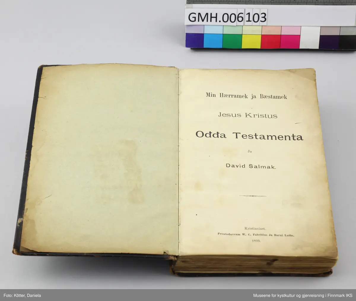 Det nye testamente på nordsamisk, utgitt 1895 i Kristiania. Boka har omslag av mørkebrunt skinn. På for- og baksiden er det innpreget ornamentrammer. På forsiden er det i tillegg preget inn et kors. På bokryggen er det preget inn tittelen "Ođđa Testamenta" og to ornamentbånd. Begge elementer viser rester etter forgylling. Bindingen er utført med tråd.  Det er innskrevet forskjellige navn. På første side står det Mauritz og et etternavn som er vanskelig å tyde. På siste side står det, i tillegg til noen regnestykker som er skrevet opp ned på sida, navnet «Ellen Marie Martensen» samt Sletten, som kan tilhøre familienavnet eller tyde på et sted, slik som inskripsjon "Pallklubben". Bibelen stammer fra samme dødsbo som brevet og bilder fra Emilie Andersen i aksesjon GMH2025-002.