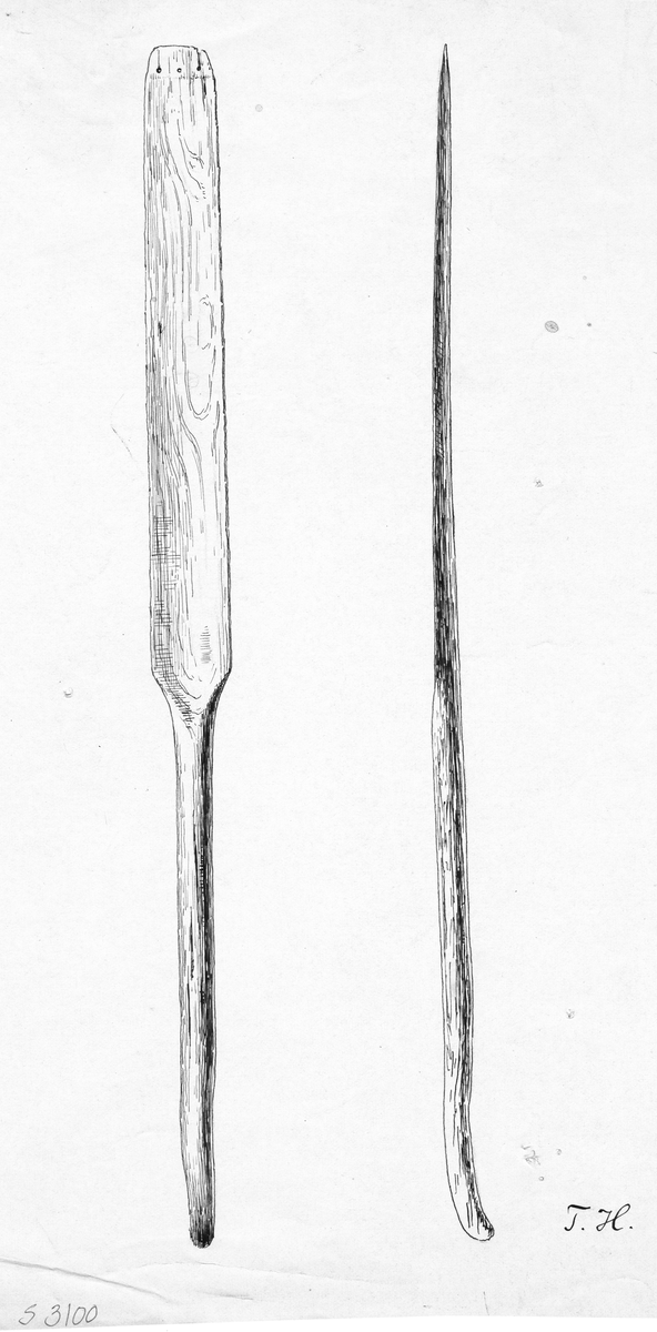 Tegning av spade av eik.