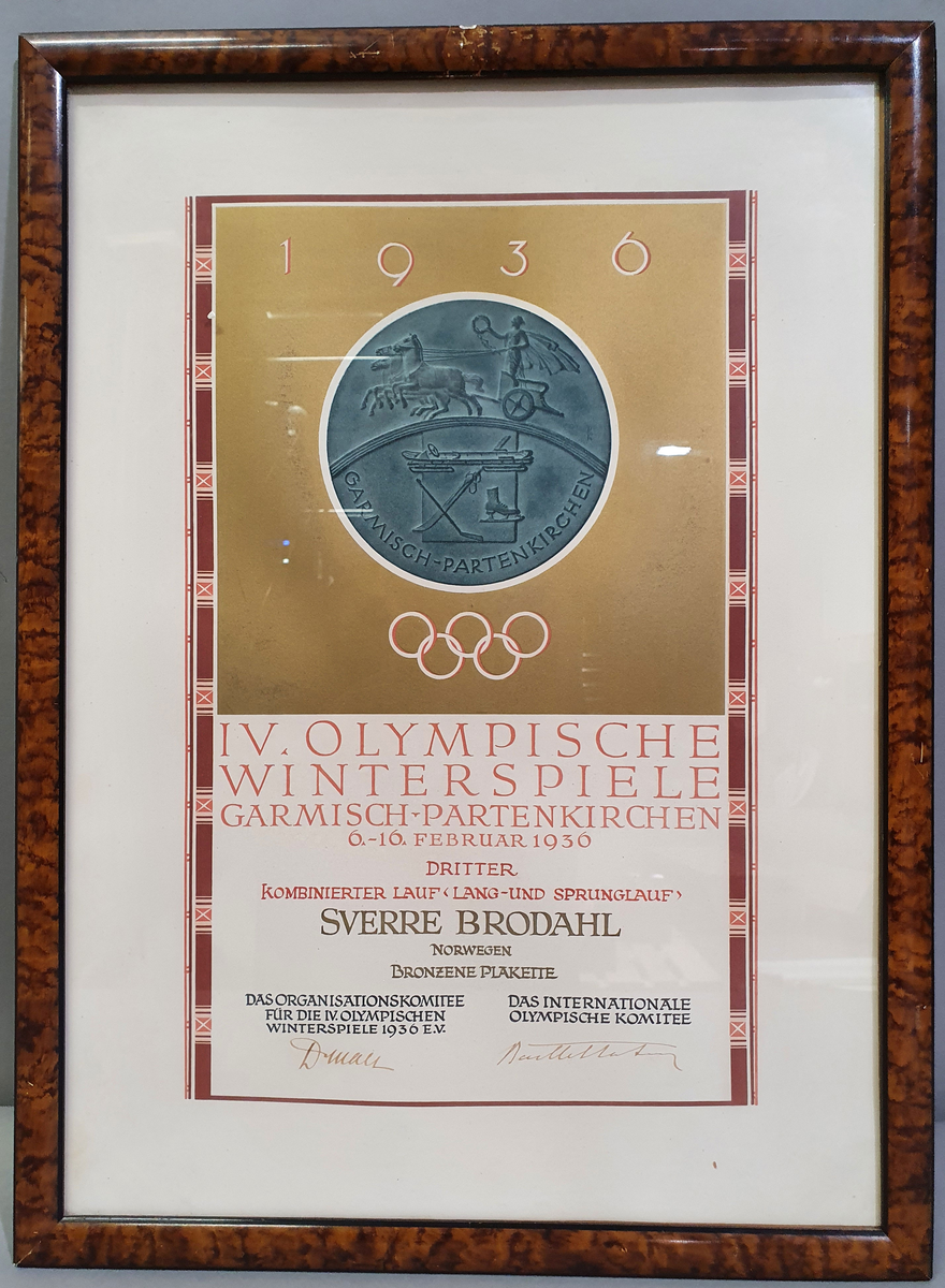 Diplom fra Garmisch-Partenkirchen 1936, tildelt Sverre Brodahl.