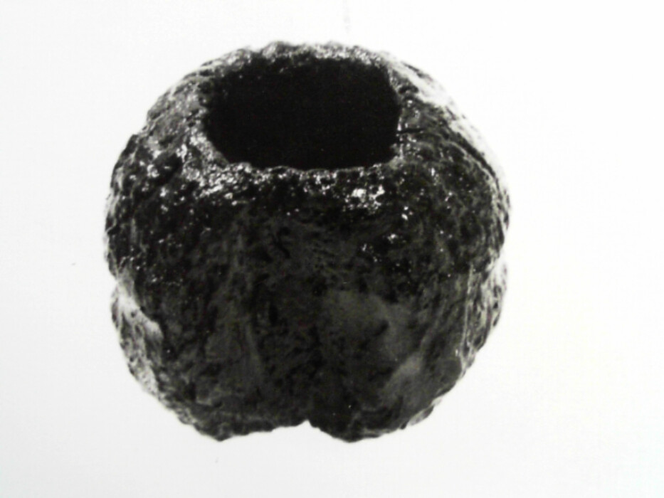 bjørk ?. kule med gjennomgående hull diam 3,4. om kulen et spor bredde 1 dybde 0,3. er enten kaus eller del av kulerakke.