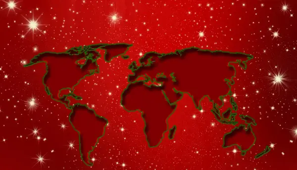 En röd, julig kartbild över alla världens länder