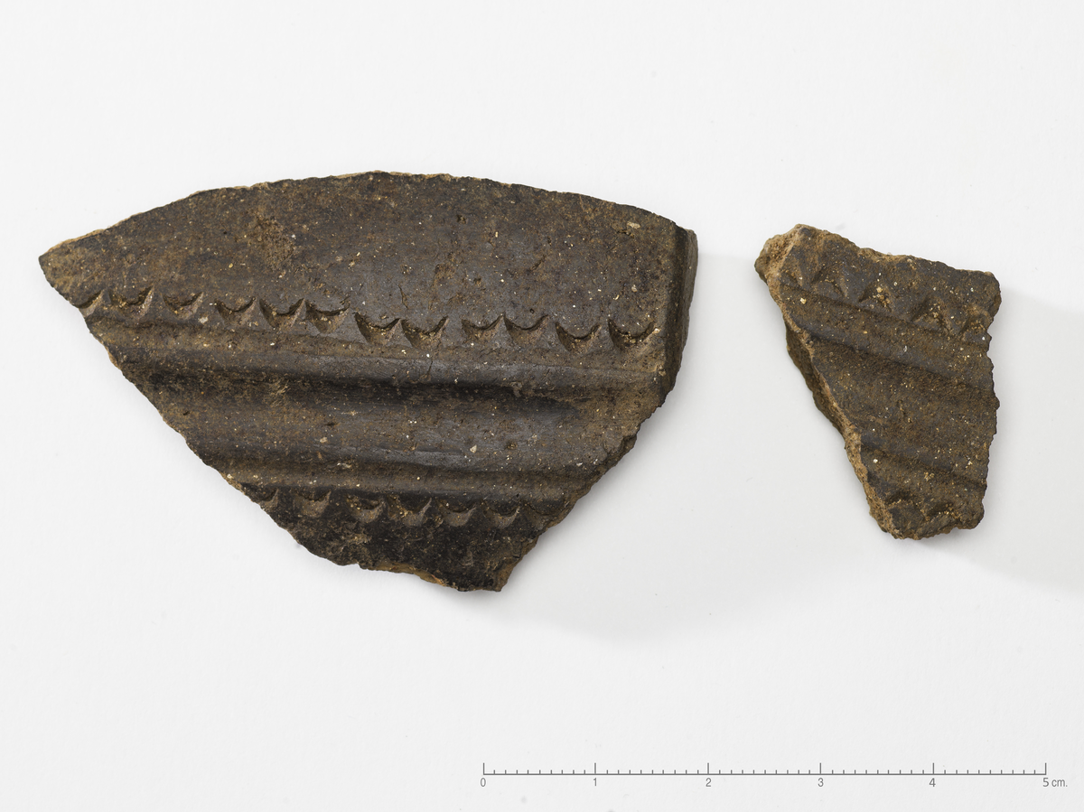 2 Skår fra finere bordkar av fin sandmagret leire. De to skårene har samme mønster og hører nok fra samme kar. Det dreier seg om to skår fra karets kropp. Det største av skårene har en 90 graders vinkel, og det er nok bunnen vi ser bevart helt nederst, dog er veldig lite bevart slik at denne er vanskelig å typebestemme. Vi kan likevel si at det dreier seg om et kar med en svak vinklet rett vegg. Den har et stående geometrisk mønster, trolig laget med en slipestein og finere dekoreringsverktøy. Begge skårene er glattpolert. Det er ikke gjort funn av matskorpe på karets innside. Trolig er dette et drikkebeger av et slag, og det er sannsynlig at karet utgjør en reproduksjon av tilsvarende romerske kar fra Romerriket. Største mål: Tykkelse: 0.5 cm. Lengde: 5,5 cm. Bredde: 3.4 cm.
