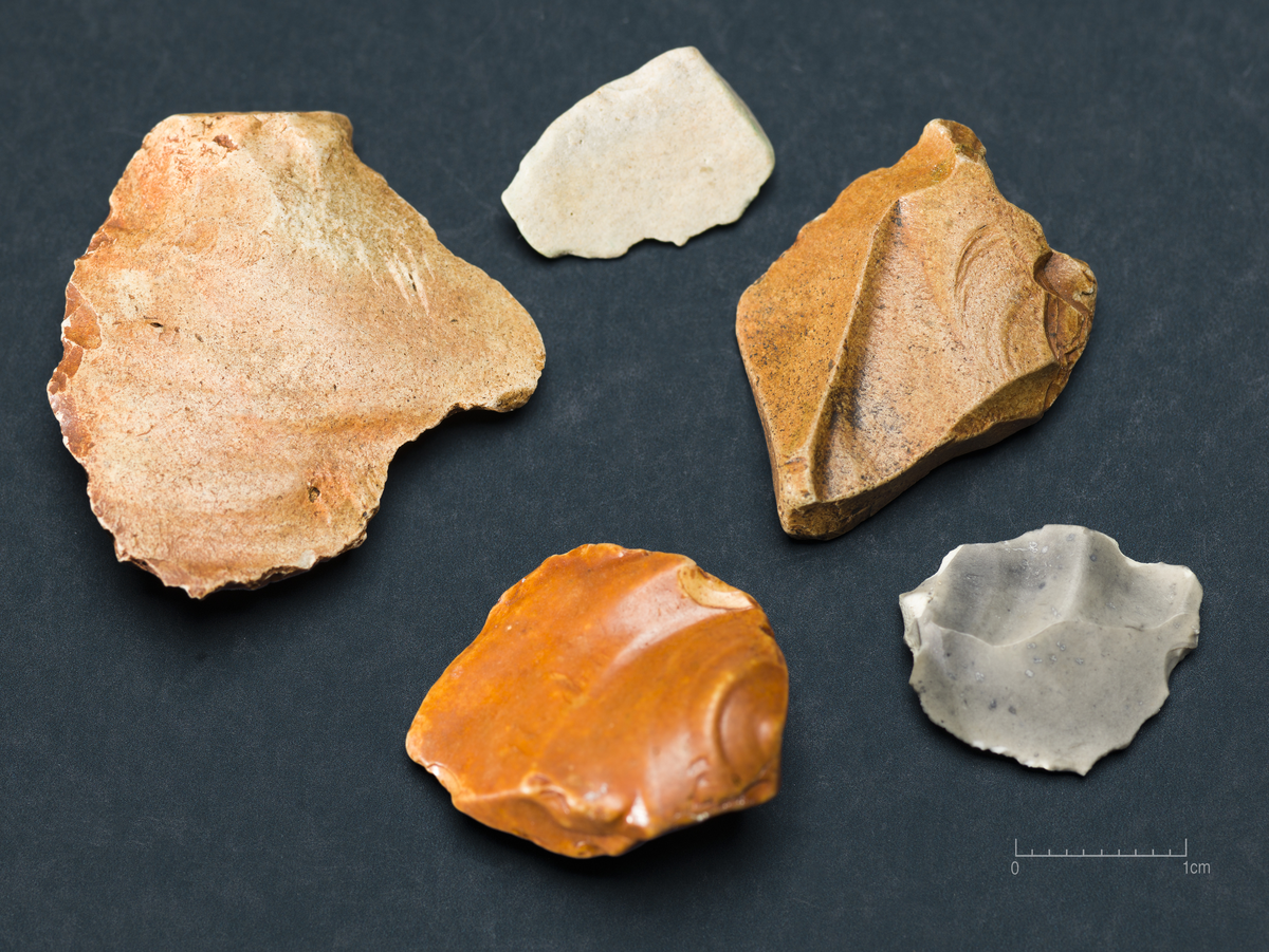Fire vannrullede og patinerte avslag samt et flekkefragment. 
