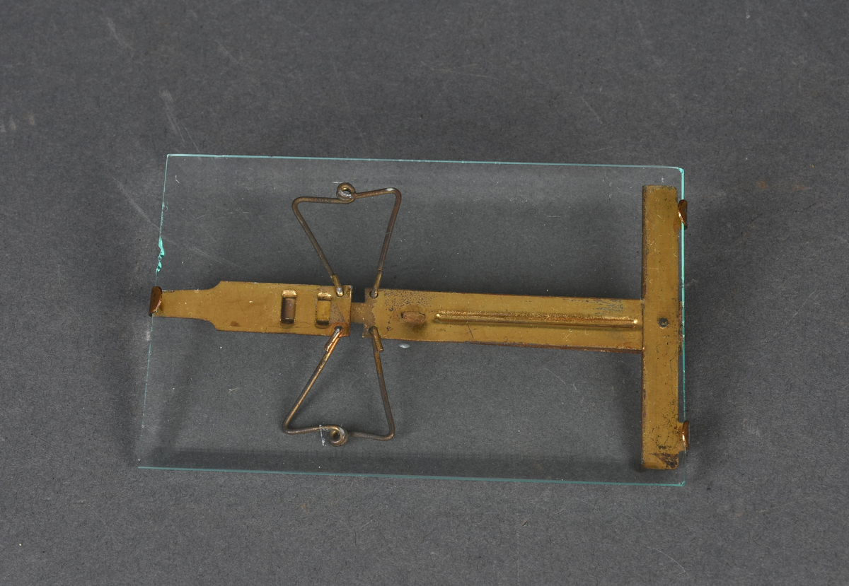 Stående, rektangulær bilderamme i form av en glassplate med et metallstativ på baksiden.
