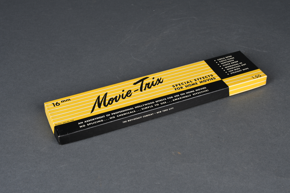 Filmstriper med spesialeffekter til amatørfilm, i flat rektangulær eske med lokk.