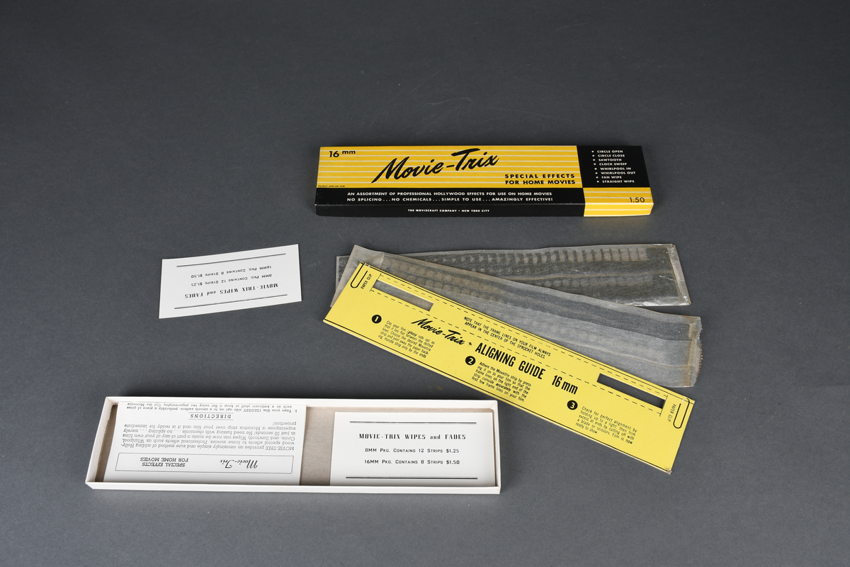 Filmstriper med spesialeffekter til amatørfilm, i flat rektangulær eske med lokk.