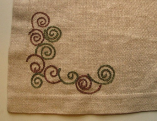 Fyrkantig handbroderad duk, sydd på oblekt grovt linnetyg. Broderier i hörnen samt i mitten (ca 62 x 62 cm) i mörkt grönt och brunt lingarn. Broderierna består av mer och mindre fyllda spiralformer tätt samlade.