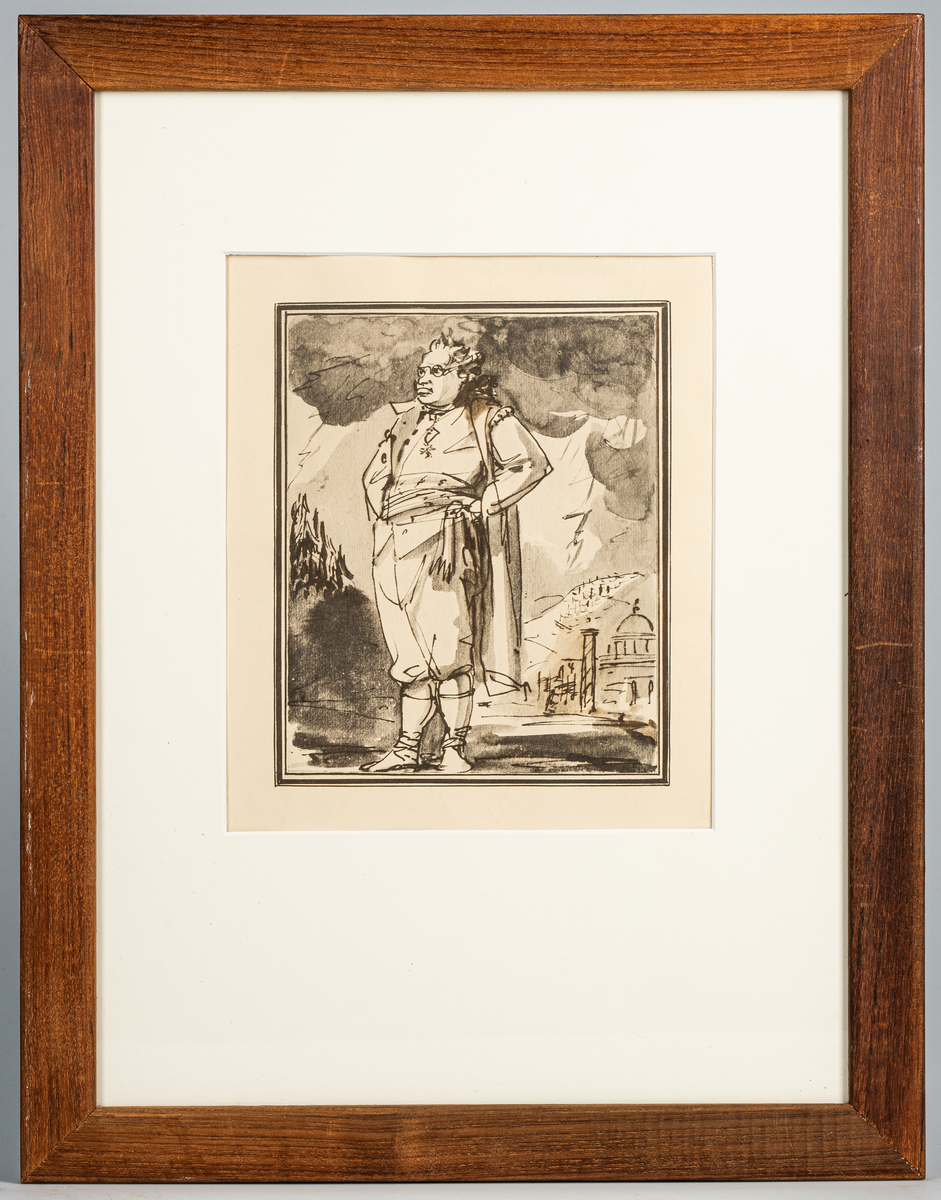 Föreställer greven och amiralen C. A. Ehrenswärd från år 1780.
Inom glas och ram. Ramen av teak.