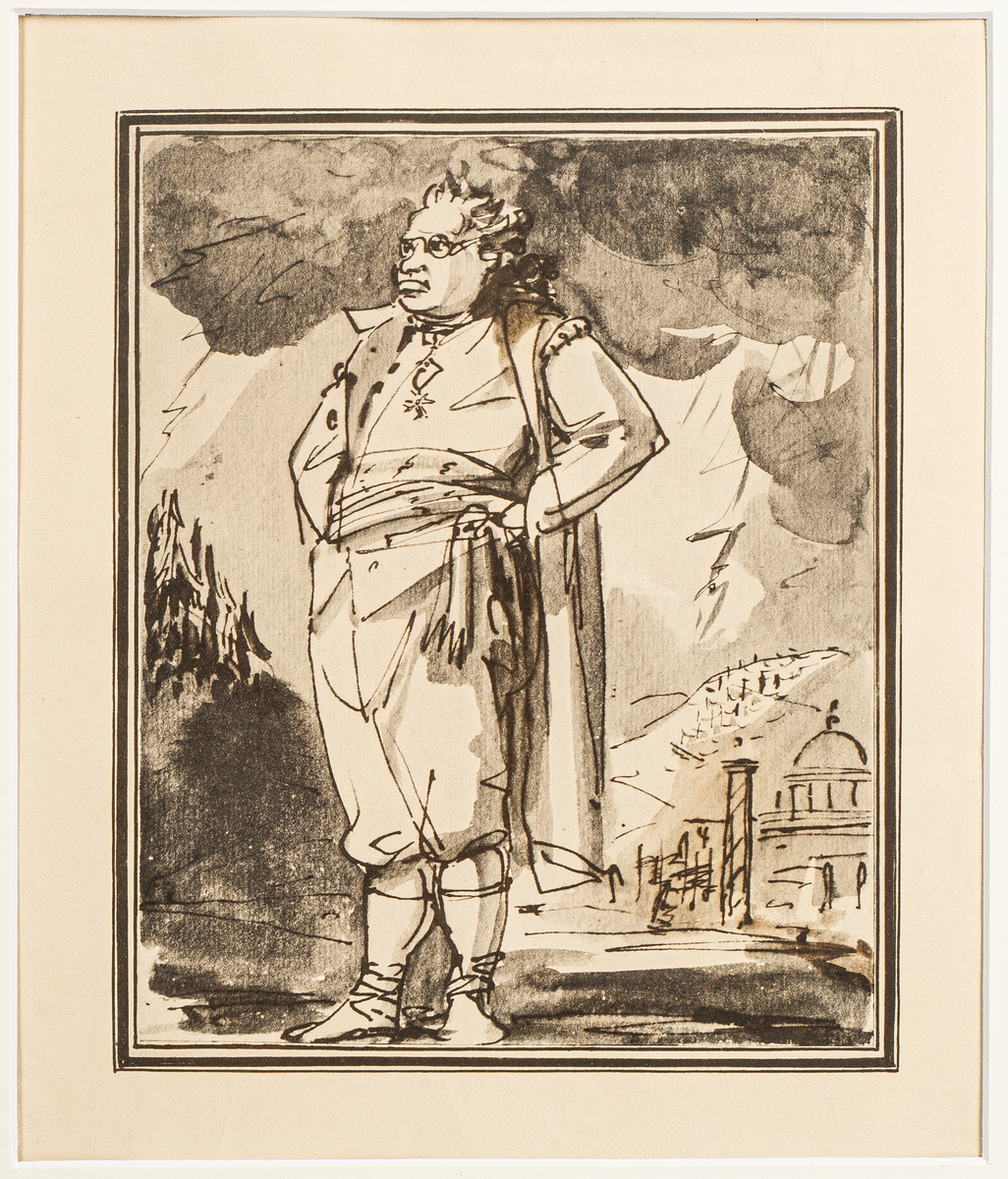 Föreställer greven och amiralen C. A. Ehrenswärd från år 1780.
Inom glas och ram. Ramen av teak.