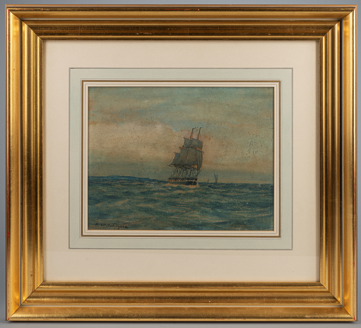 Akvarell, pastell ?, på kartong inom glas och ram, liggande format. Motivet föreställer korvett till sjöss med fören närmast bildytan, visar styrbordssidan. Två segelfartyg i bakgrunden. Till vänster land i horisonten.
Hav och himmel blå. Motivet tecknat med blyerts.
Signerad vänster, nedre hörn: "P.W. Cedergren"
Passepartout försedd med dekorlinjer i guld och svart samt ett blått band.
Ram av trä, profilerad och guldförgylld.
Enligt medföljande uppgifter: "Per Wilhelm Cedergren: Marinmålare, född 1823 i Stockholm. Studerade 1844-45 vid konstakademien och utbildade sig ytterligare genom resor. Målade företrädesvis fartyg med skicklighet och stor sakkännedom. Cedergren var verkmästare vid mariningenjörsdepartementet 1872-79. Nationalmuseum äger av honom "Svenska krigsfartyg efter en sjödrabbning" 1861. Död i Spånga 1896. Denna målning i akvarell föreställer en svensk korvett Vanadis eller möjligen Freja på 1860-70-talen. Tavlan har ägts av konstnären Severin Nilsson.
Färgdia finns  Bildnr 12494.