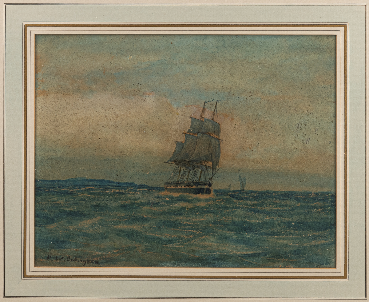 Akvarell, pastell ?, på kartong inom glas och ram, liggande format. Motivet föreställer korvett till sjöss med fören närmast bildytan, visar styrbordssidan. Två segelfartyg i bakgrunden. Till vänster land i horisonten.
Hav och himmel blå. Motivet tecknat med blyerts.
Signerad vänster, nedre hörn: "P.W. Cedergren"
Passepartout försedd med dekorlinjer i guld och svart samt ett blått band.
Ram av trä, profilerad och guldförgylld.
Enligt medföljande uppgifter: "Per Wilhelm Cedergren: Marinmålare, född 1823 i Stockholm. Studerade 1844-45 vid konstakademien och utbildade sig ytterligare genom resor. Målade företrädesvis fartyg med skicklighet och stor sakkännedom. Cedergren var verkmästare vid mariningenjörsdepartementet 1872-79. Nationalmuseum äger av honom "Svenska krigsfartyg efter en sjödrabbning" 1861. Död i Spånga 1896. Denna målning i akvarell föreställer en svensk korvett Vanadis eller möjligen Freja på 1860-70-talen. Tavlan har ägts av konstnären Severin Nilsson.
Färgdia finns  Bildnr 12494.