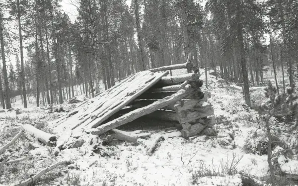 Naust med pulttak. Naustet står i skogen, bakken og naustet er dekt med snø.Naustet er laftet og i dårlig forfattning. Deler av taken og venstre vegg mangerl. 