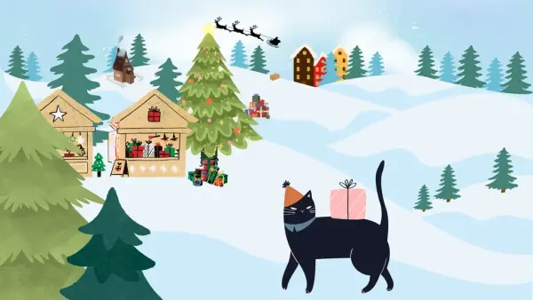 En illustrerad bild av ett vinterlandskap. Där finns granar, två små julmarknadsstånd, paket, en katt med partyhatt och i himlen flyger tomten med sina renar. 