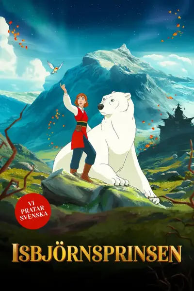 Tecknad pojke och isbjörn i en grön dal med ett berg i bakgrunden.