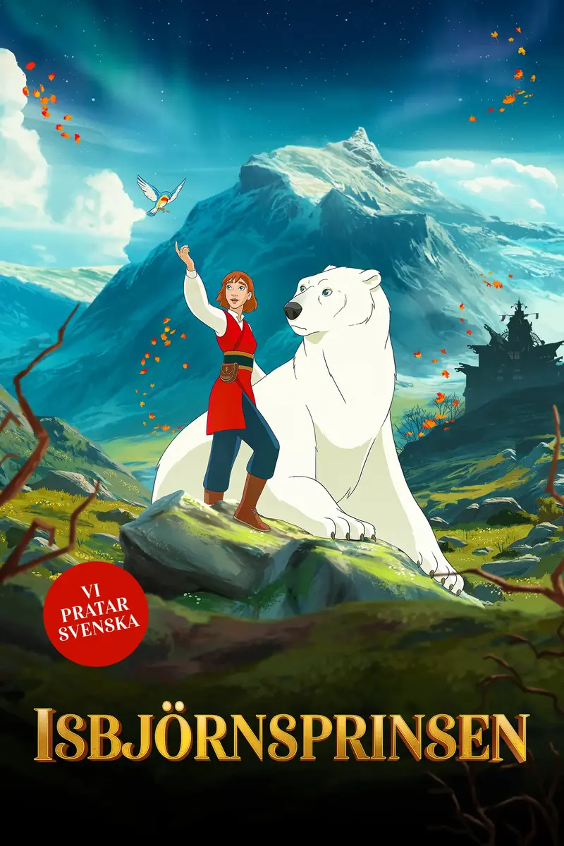 Tecknad pojke och isbjörn i en grön dal med ett berg i bakgrunden.