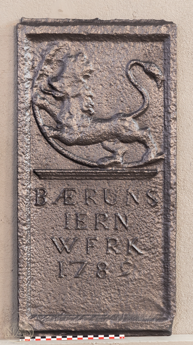 Langside plate med faste skinner. Fredrik den 5 i speilmonogram på kronet skjold, omgitt av krigerske emblemer. Øverst skyer og stråler.
Kortside plate øverst norske løve, nederst påskrift med jernverkets navn og årstall.