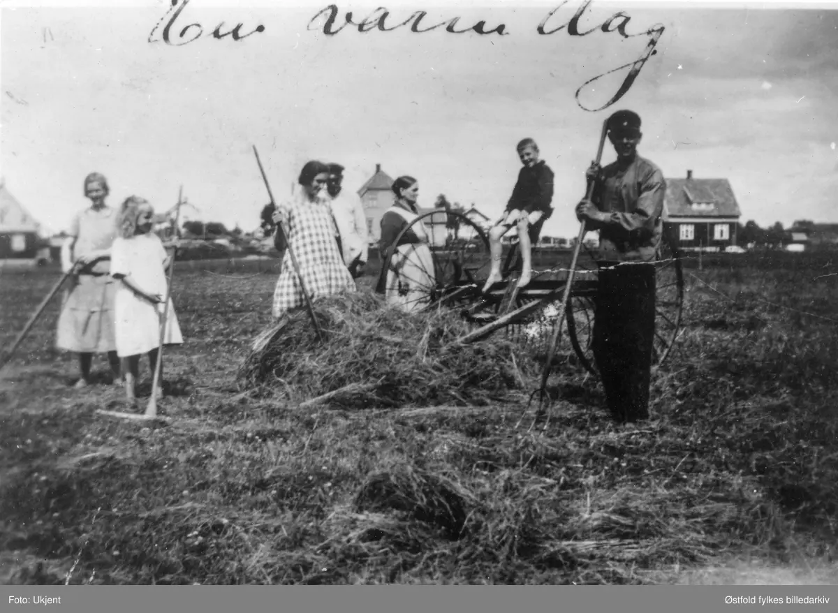 Høyonn på Evje, Rolvsøy ca. 1925. Fra venstre:  Martha Andersen Evje (1897-1992), Gudrun Andersen Evje (Minge) f. 1915), Elisabeth Andersen Evje (1905-1989) (g. Gnolden) , Otto Andersen Evje, Hanna Andersen Evje (1875-), Reidun Andersen Evje, Karl Andersen Evje.  Løkkene var under regulering for bebyggelse i 1992.
I 1926 ble gården kjøpt av Anders Gustav Johansen. 
Husene med svart papp i bakgrunnen har ikke fått på kledning på veggene enda, grunnet økonomi.  Men folket flyttet likevel inn i husene. Panelte når de fikk råd. Husene hørte til Svaneveien.