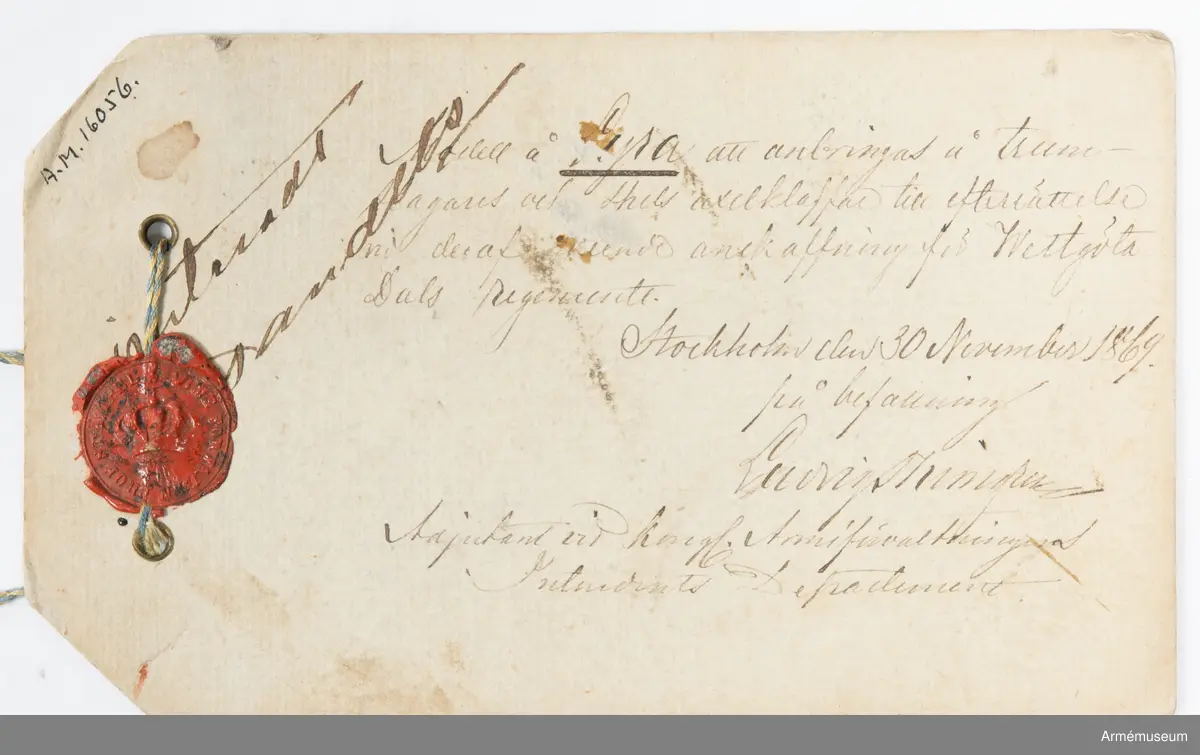 Lyra m/1869 att anbringas på trumslagares och spels axelklaffar. Hallands och Västgöta-Dals regementen.