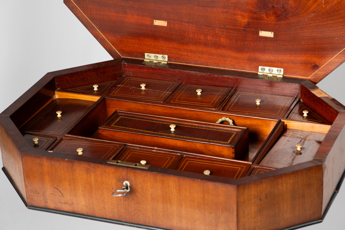 Søyle på firebenet fot. Åttekantet plate med en innlagt stripe med sitrontre langs kanten. Lite nøkkelskilt i sargen. Under platen inndelt i rom med løse lokk. Disse har  innlagte kantstriper og benknotter.
