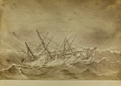 Tremastet skip i røff sjø.